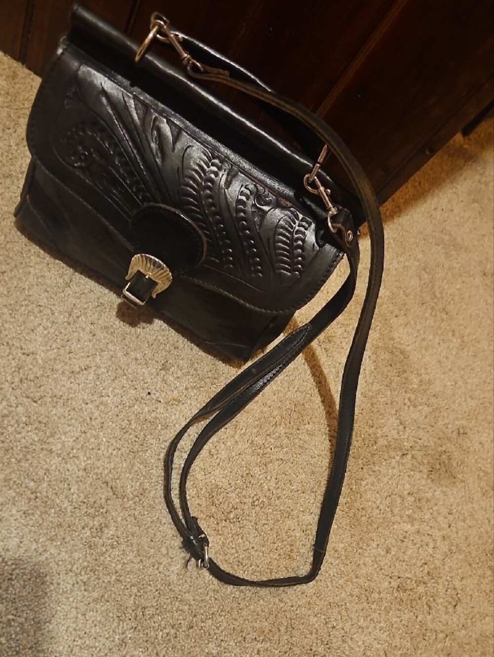 Vintage Hand-Tooled Black Leather Satchel with Silver Buckle - Picture 5 of 6